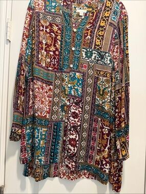 J. Jill Multicolor Patchwork-Print Button Top in Teal, Burgundy & Mustard